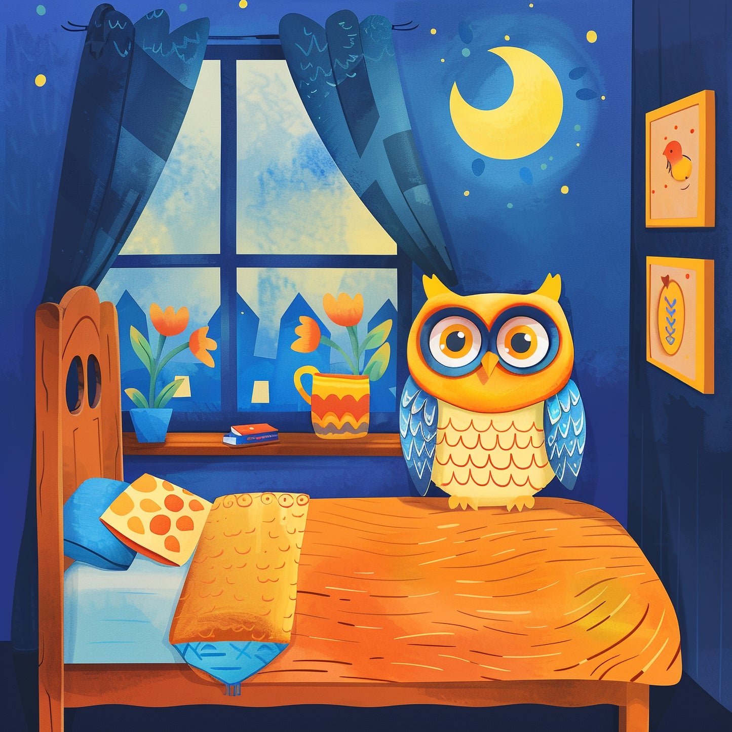 Colorful Owl Perched in a Cozy Bedroom at Night