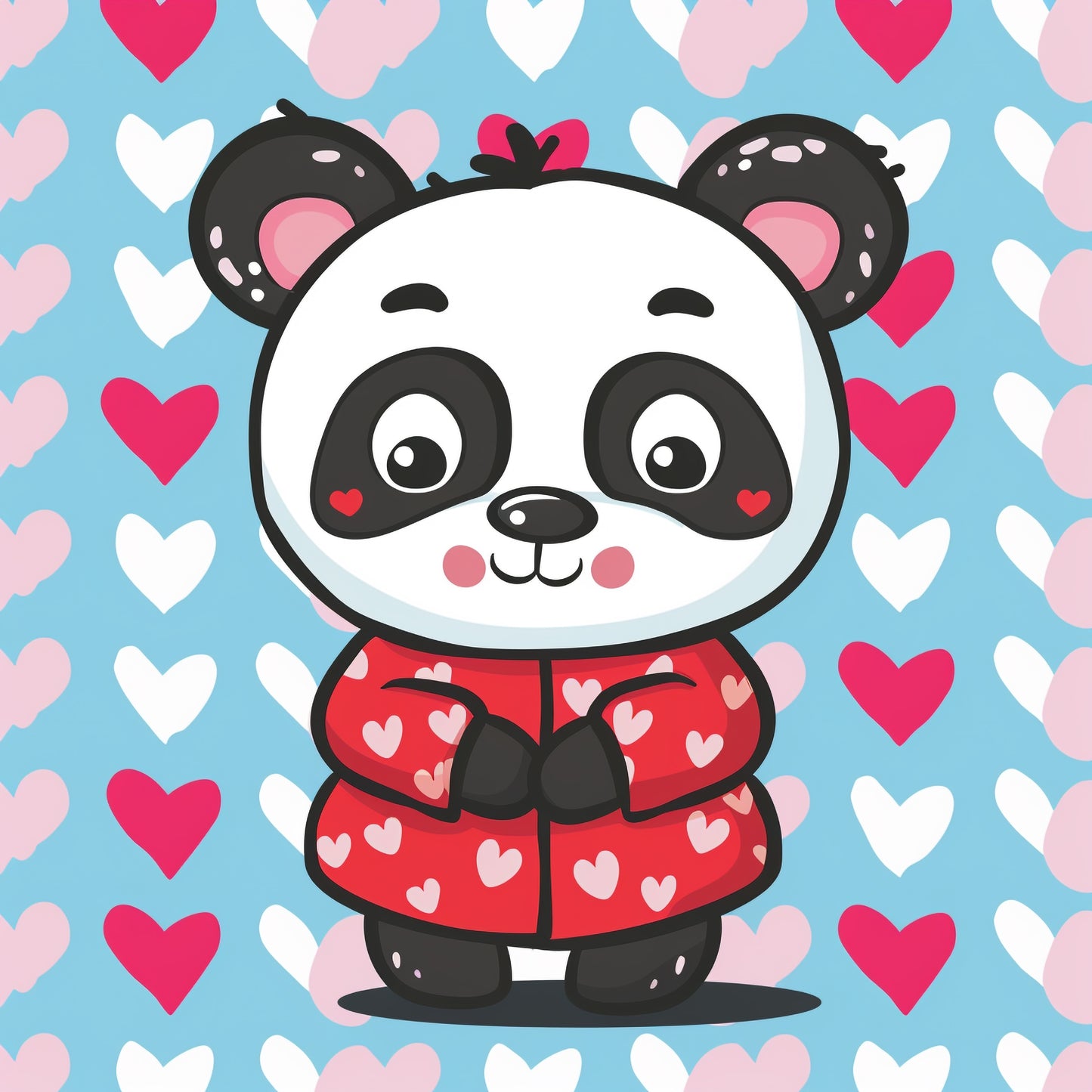 Adorable Cartoon Panda Wearing a Heart Patterned Outfit