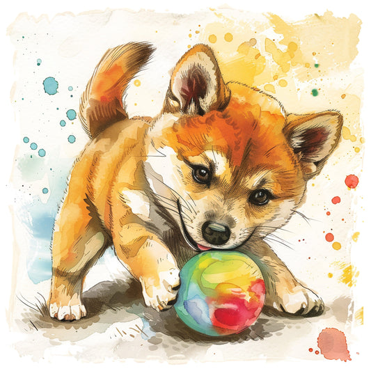 Shiba Inu Puppy Enjoying Playtime with Colorful Ball