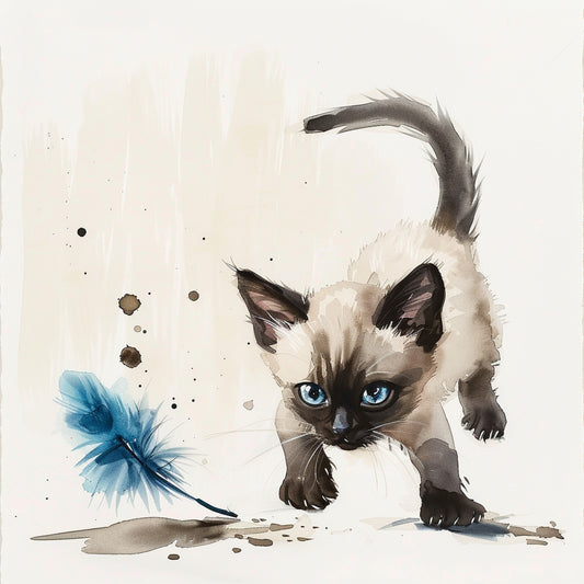 Playful Siamese Kitten Pouncing on Feather Toy Artwork