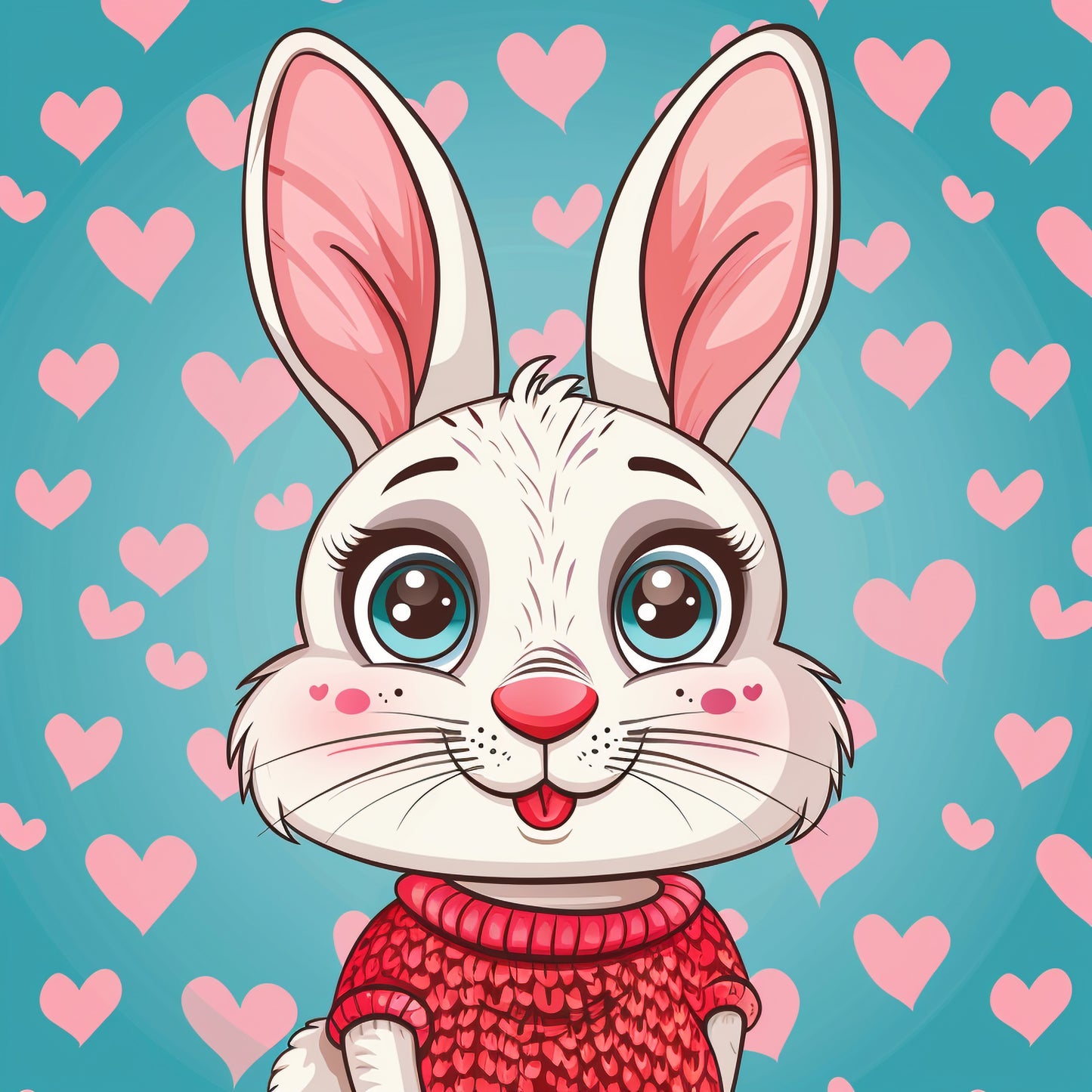 Adorable Smiling Rabbit With Red Sweater on Heart Background