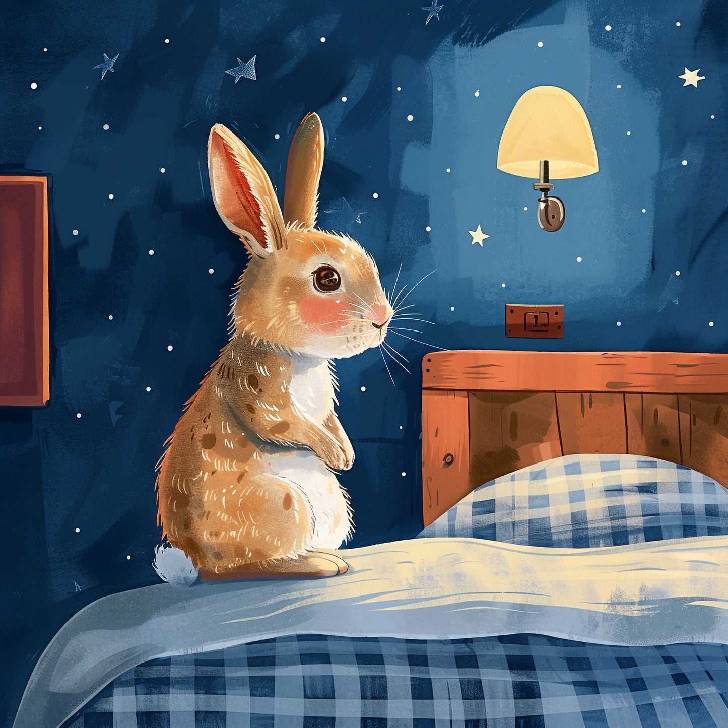 Cartoon Rabbit Sitting on Bed in a Cozy Evening Room
