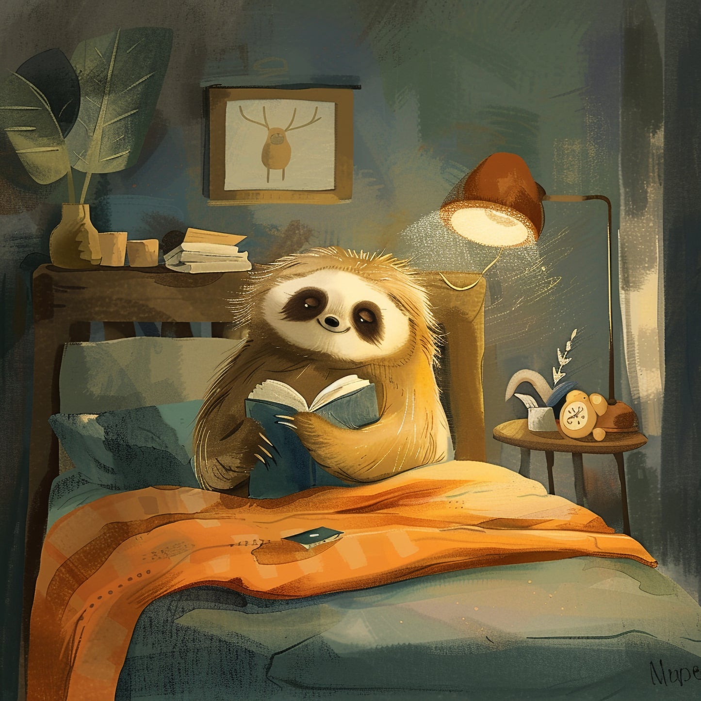 Cozy Evening With a Book Sloth Cartoon Illustration