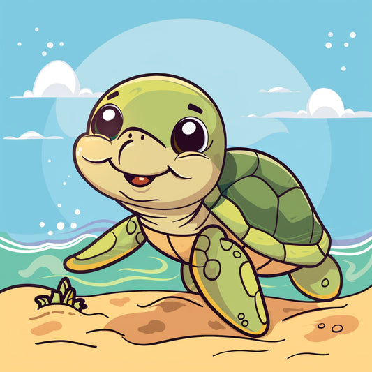 Friendly Sea Turtle Cartoon on a Sunny Beach Scene