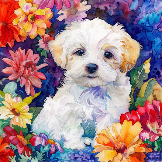 Cute Maltese Puppy Sitting Among Colorful Flowers