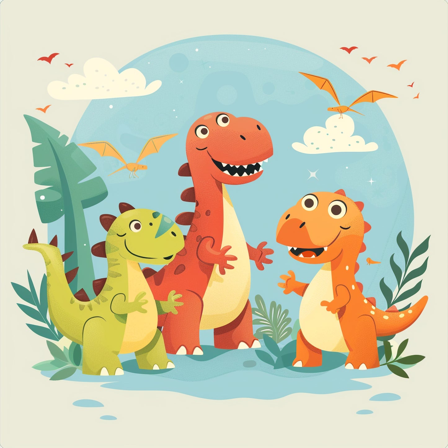 Cute Cartoon Dinosaurs Enjoying Playtime in Nature