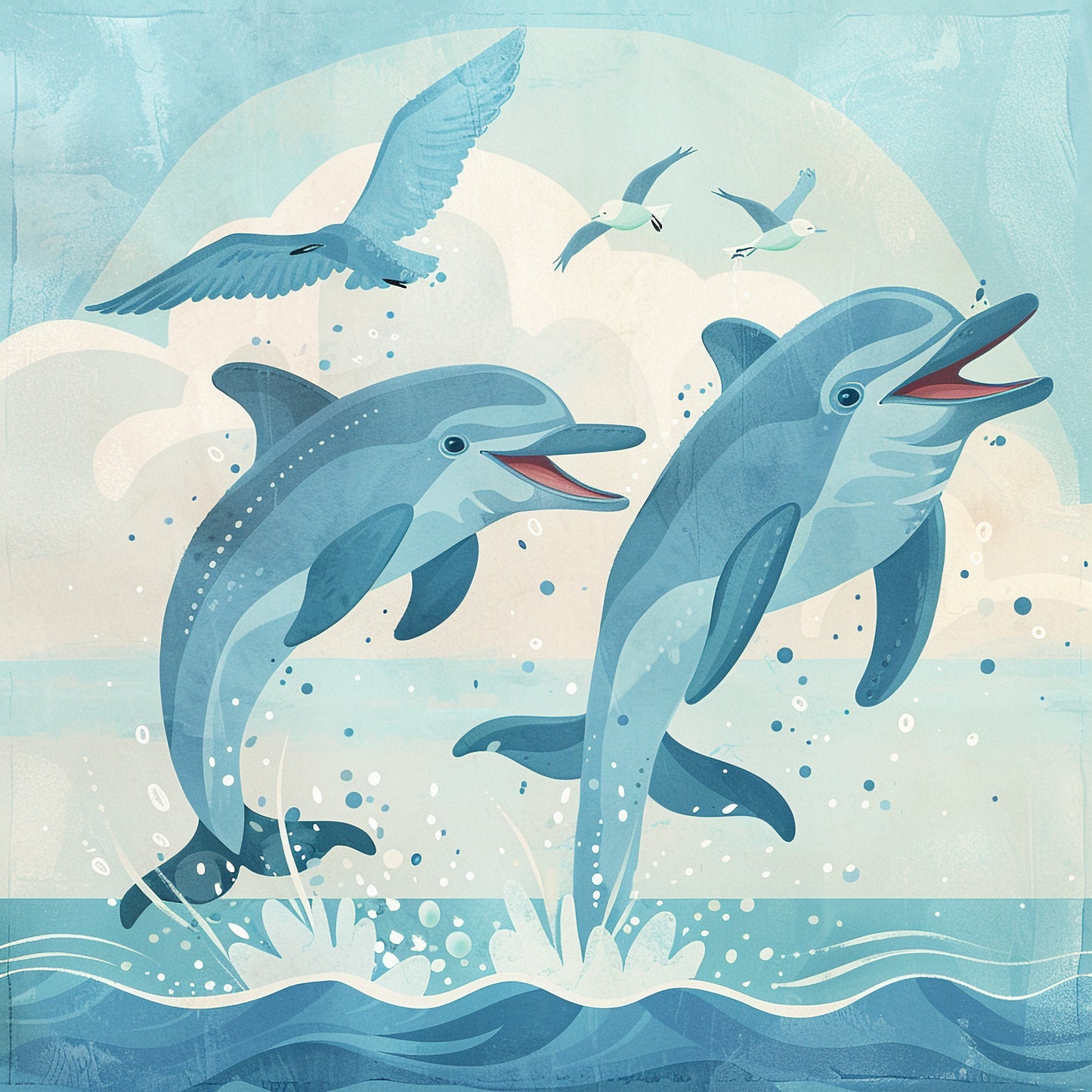 Joyful Dolphins Leaping Out of Water with Birds Flying