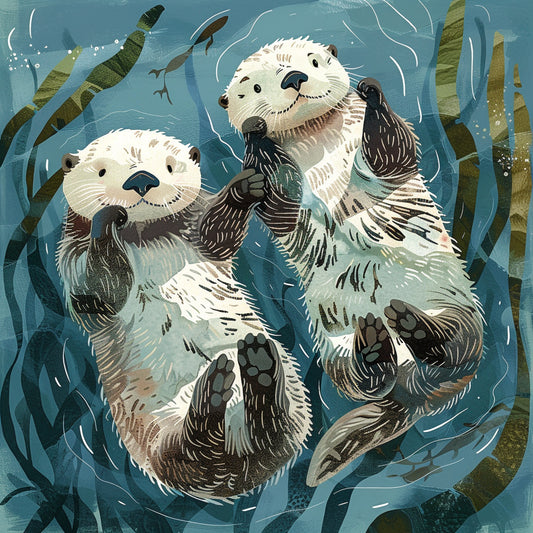Two Sea Otters Floating Hand in Hand On Calm Waters