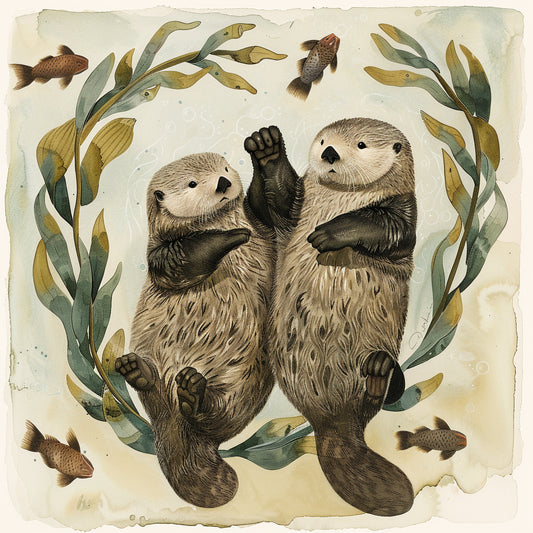 Two Sea Otters Floating and Holding Hands Together