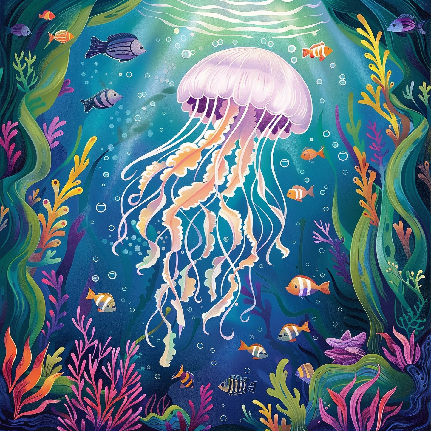 Graceful Jellyfish Swimming Amongst Colorful Coral Reef
