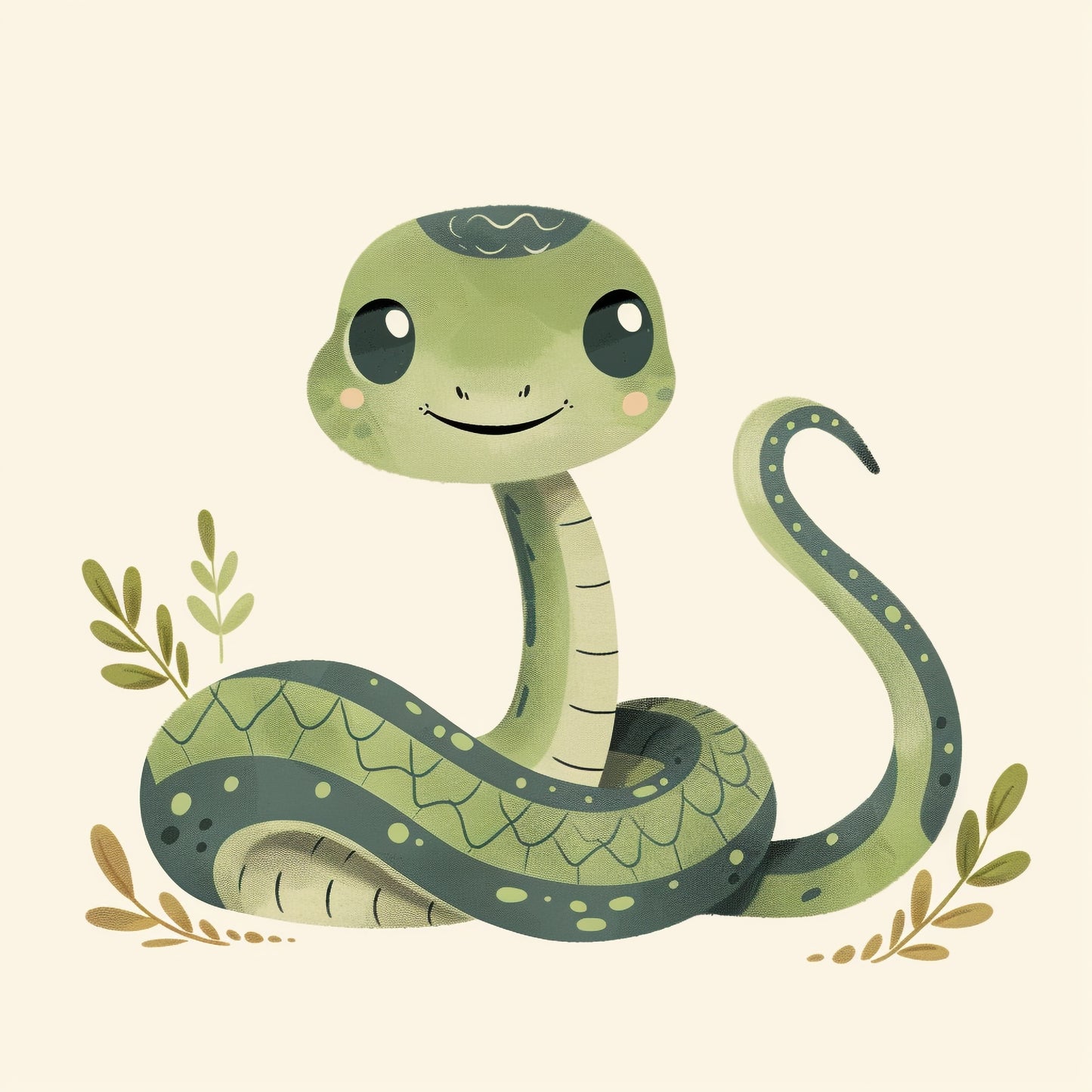 Whimsical Cartoon Anaconda Smiling Amongst Foliage