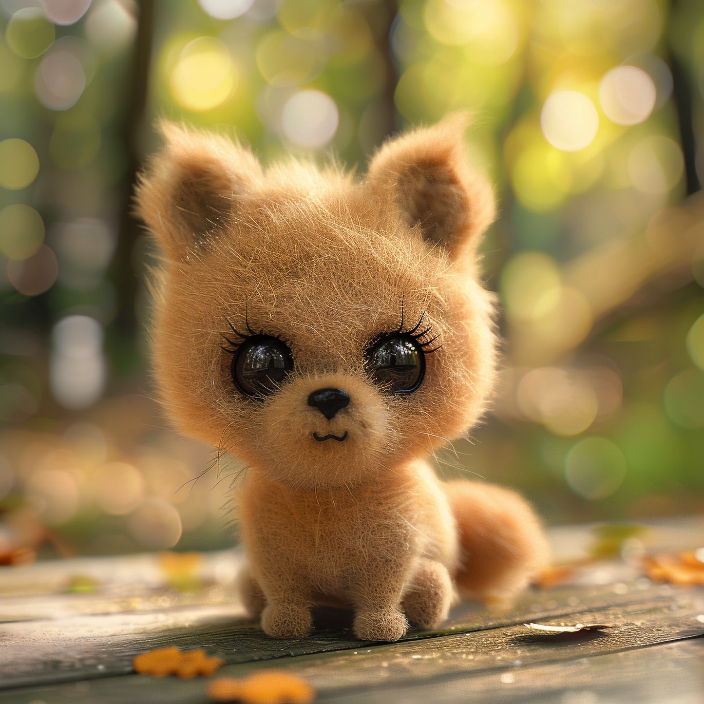 Adorable Fluffy Felted Toy Dog with Big Eyes in Nature