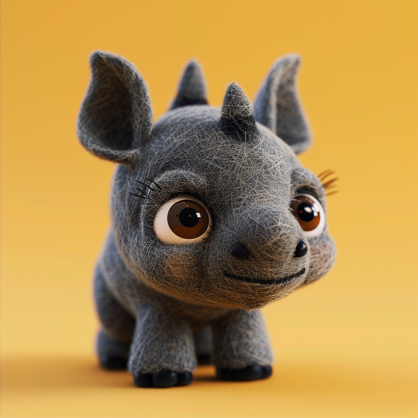 Adorable Stuffed Black Rhinoceros Toy on Yellow Background