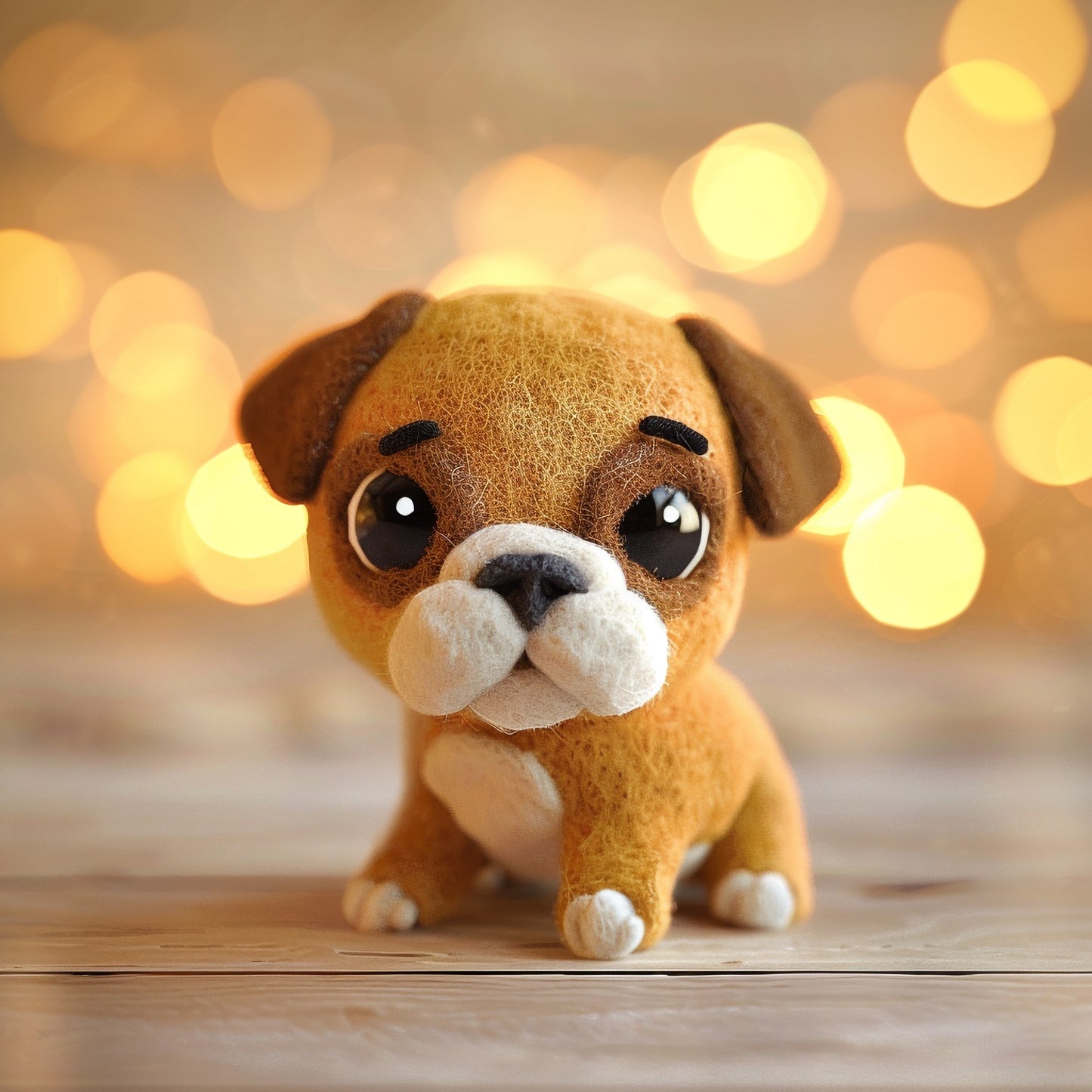 Adorable Boxer Dog Plush Toy with Twinkling Lights Background