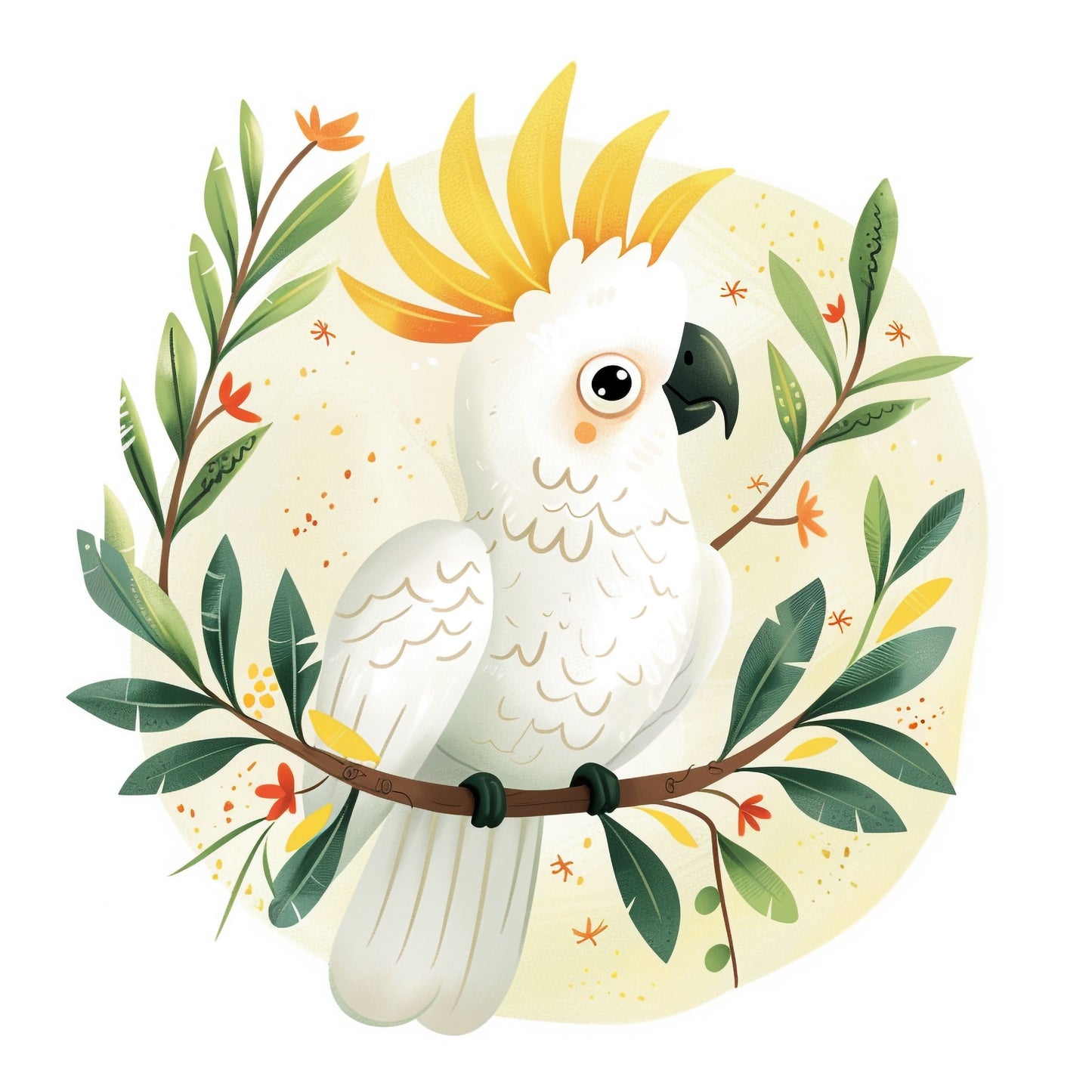 Cheerful Cockatoo Amongst Tropical Foliage Illustration