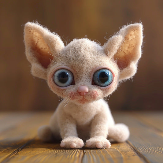 Adorable Cartoonish Toy Cat with Big Eyes on Wooden Surface