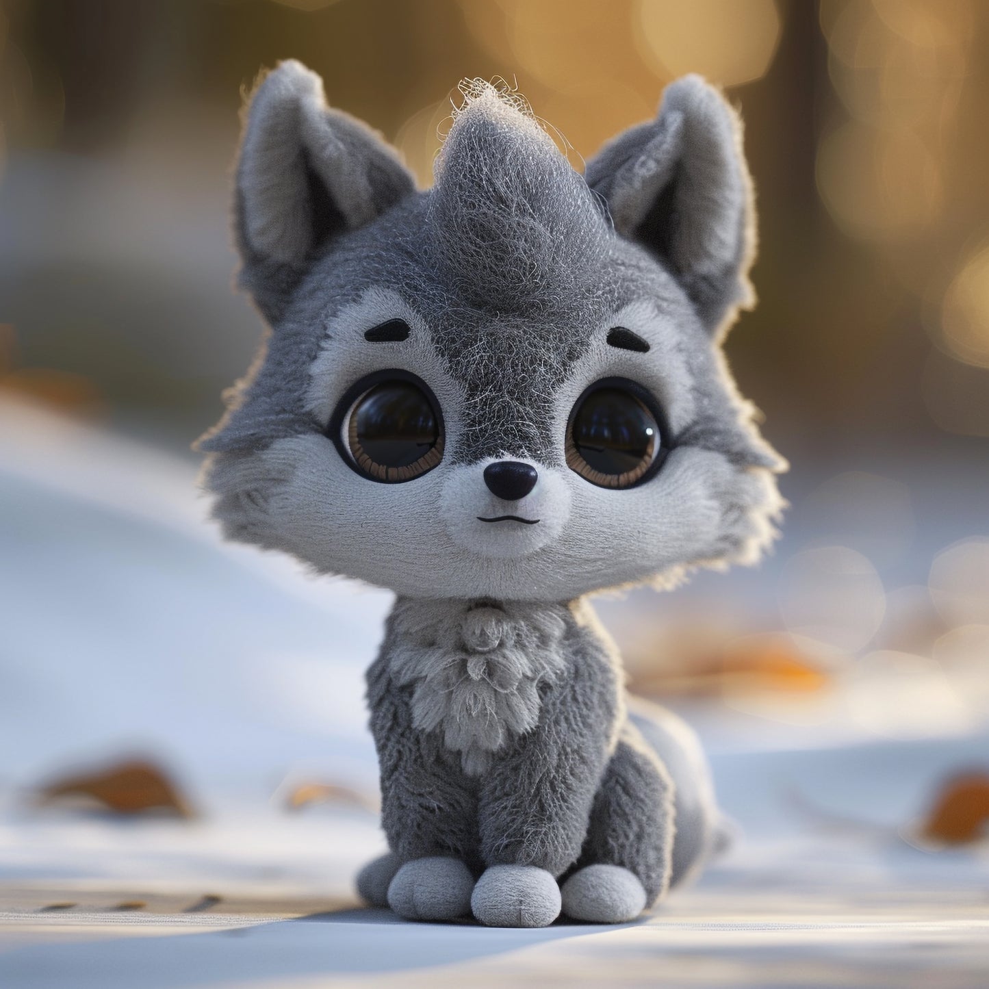 Adorable Plush Gray Wolf Toy with Big Eyes Outdoors