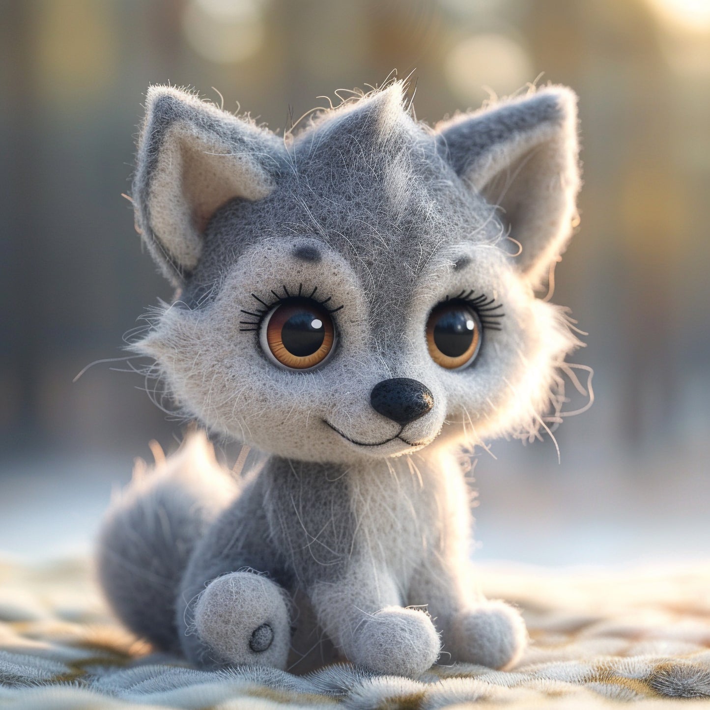 Adorable Needle Felted Gray Wolf Toy in Soft Lighting