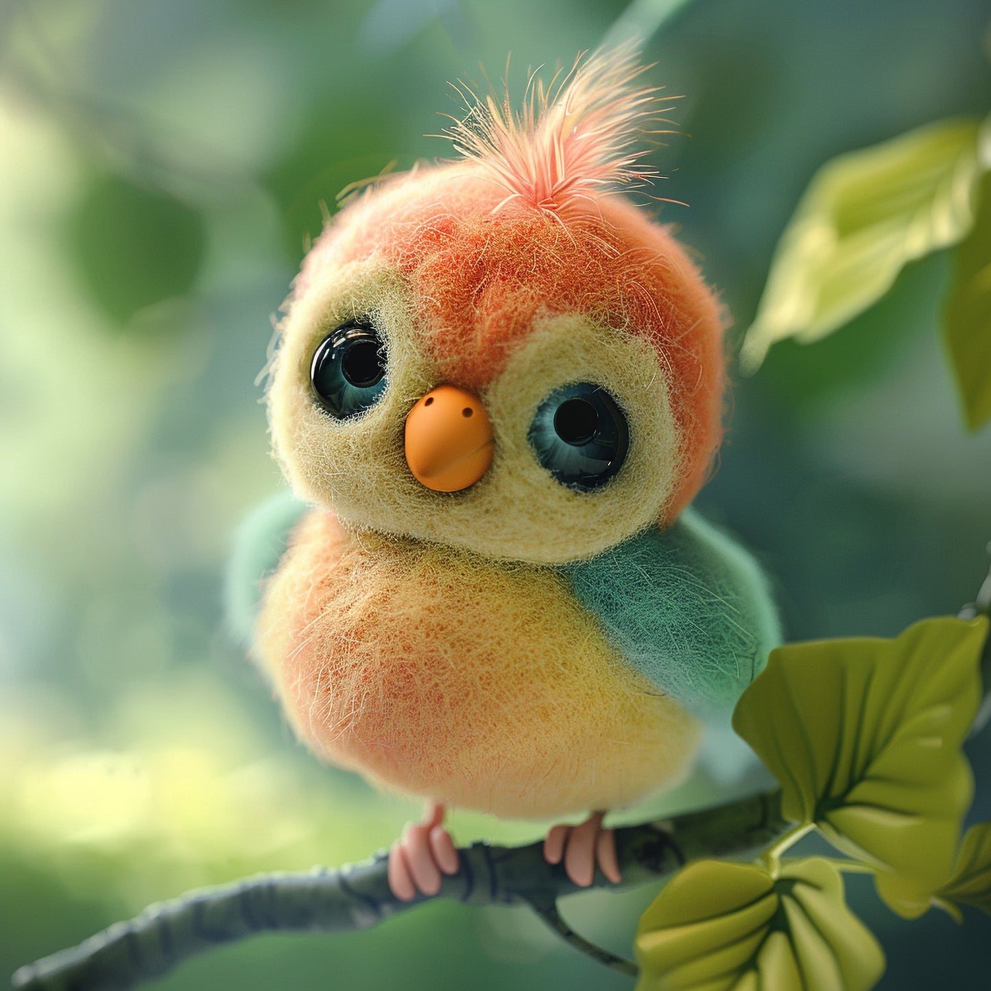 Adorable Handmade Lovebird Perched on Tree Branch