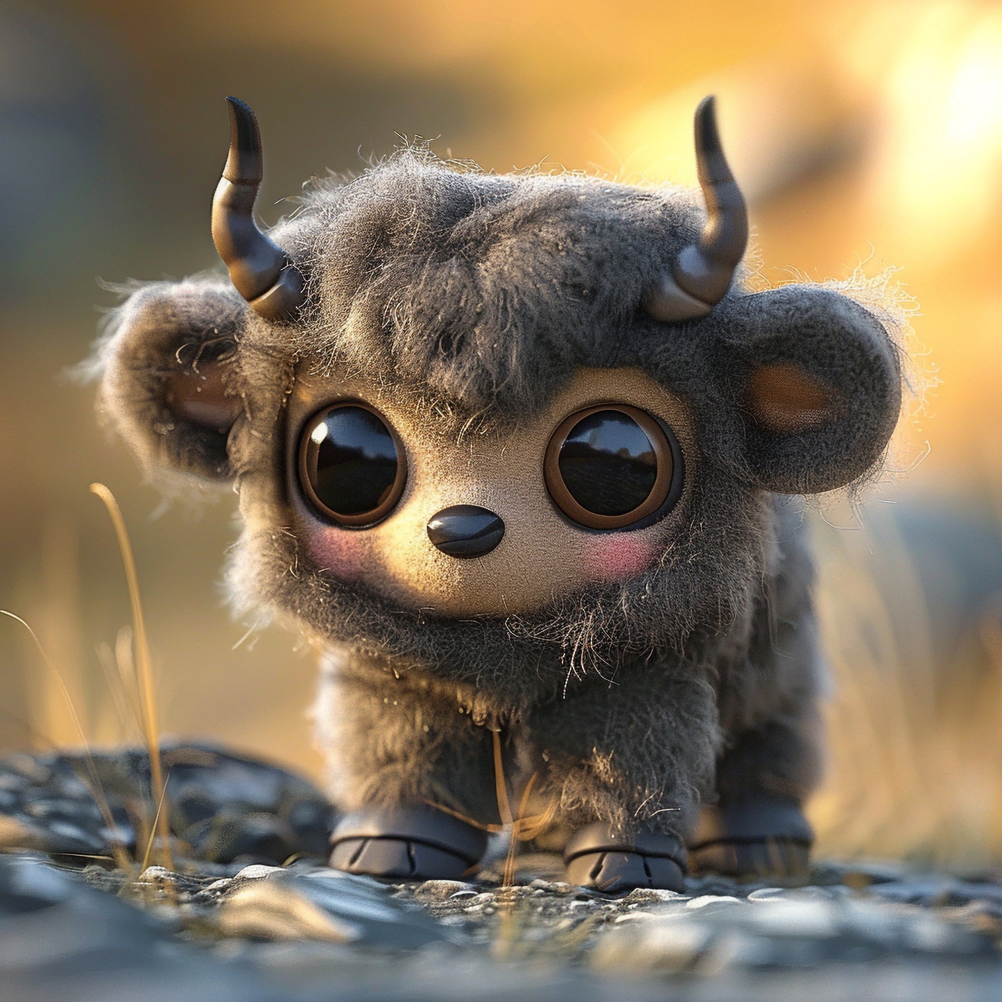 Adorable Needle Felted Muskox Toy with Big Eyes in a Field