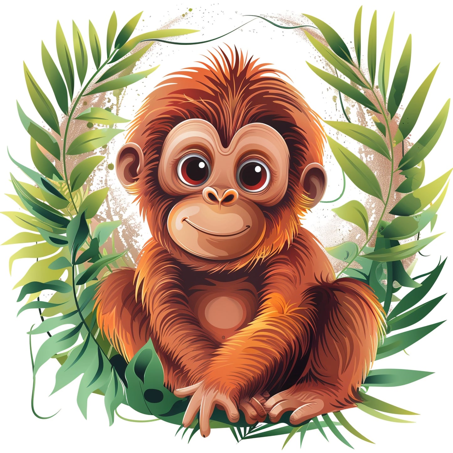 Adorable Orangutan Pup Amidst Lush Foliage Illustration
