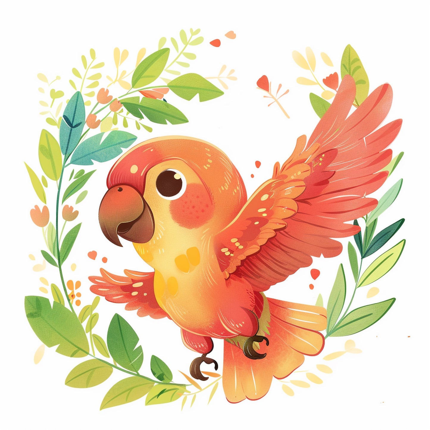 Adorable Parrot Surrounded by Whimsical Floral Wreath