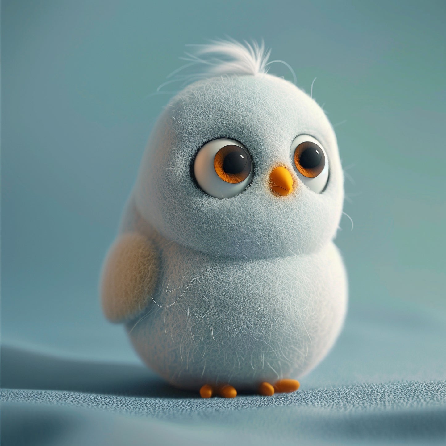 Adorable Needle Felted Pigeon with Big Eyes on Blue Background
