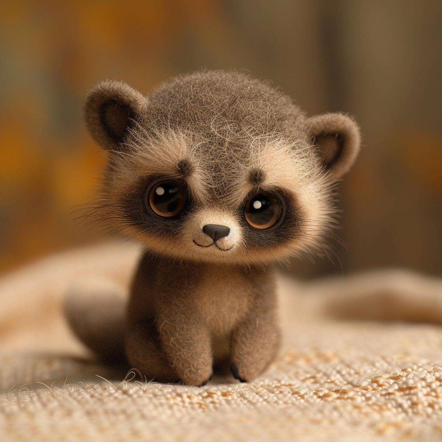 Adorable Furry Animated Coati with Big Eyes on Textured Fabric