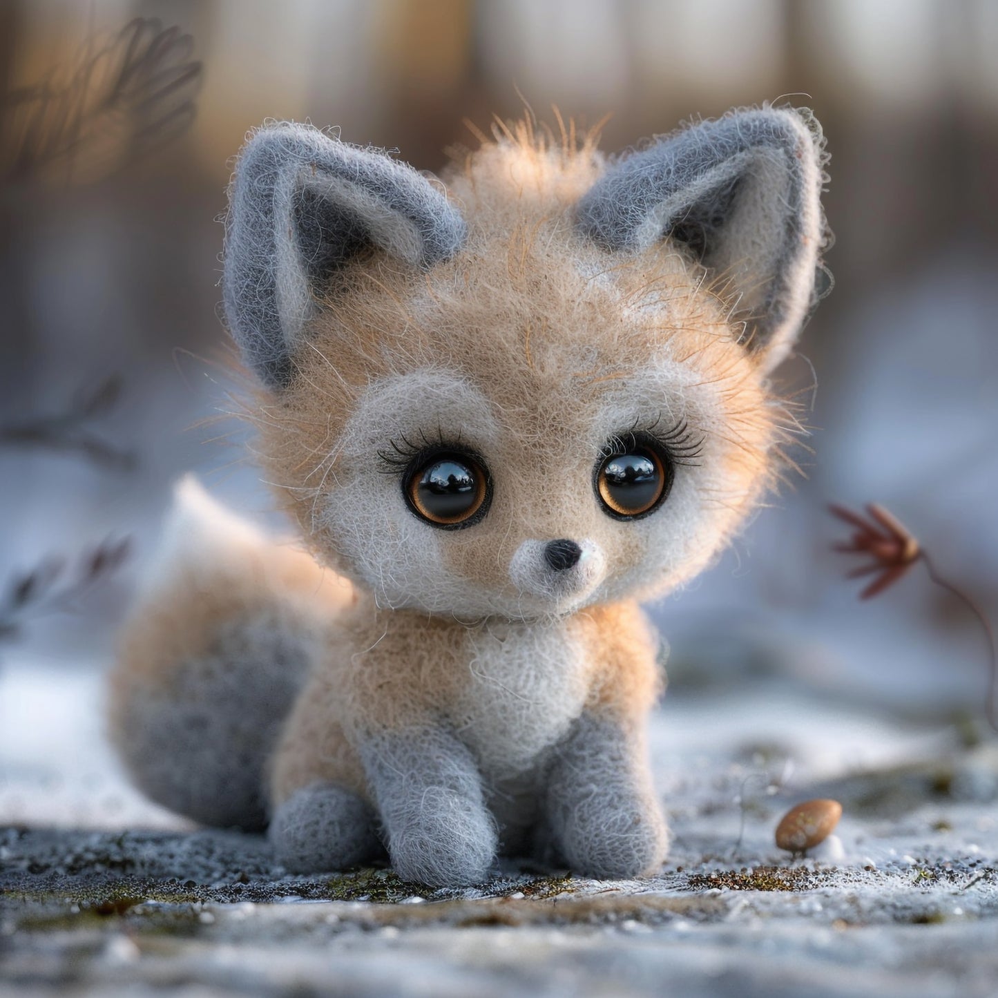 Charming Handmade Grey Toy Fox in a Natural Setting