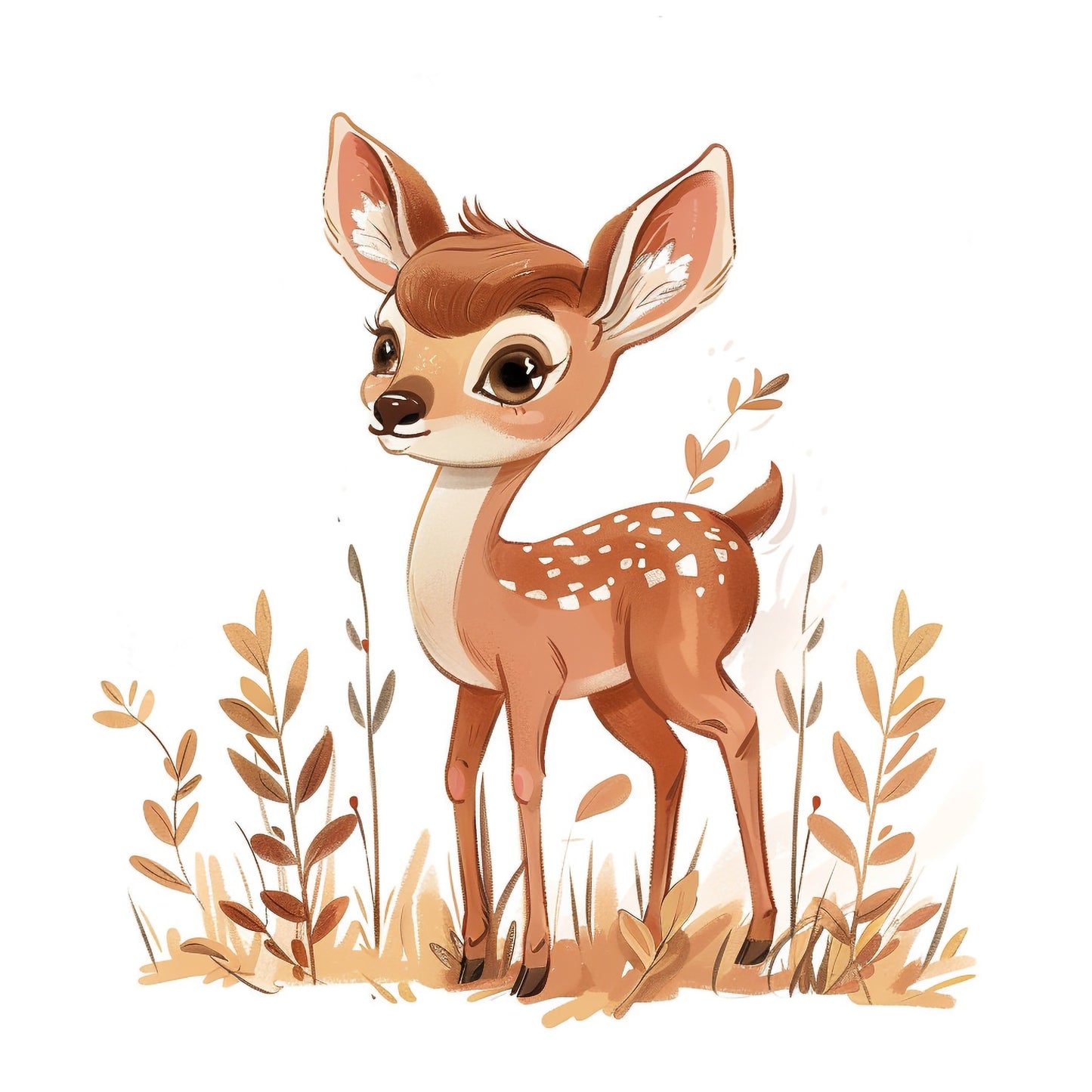 Adorable Illustrated White-Tailed Fawn in a Whimsical Setting