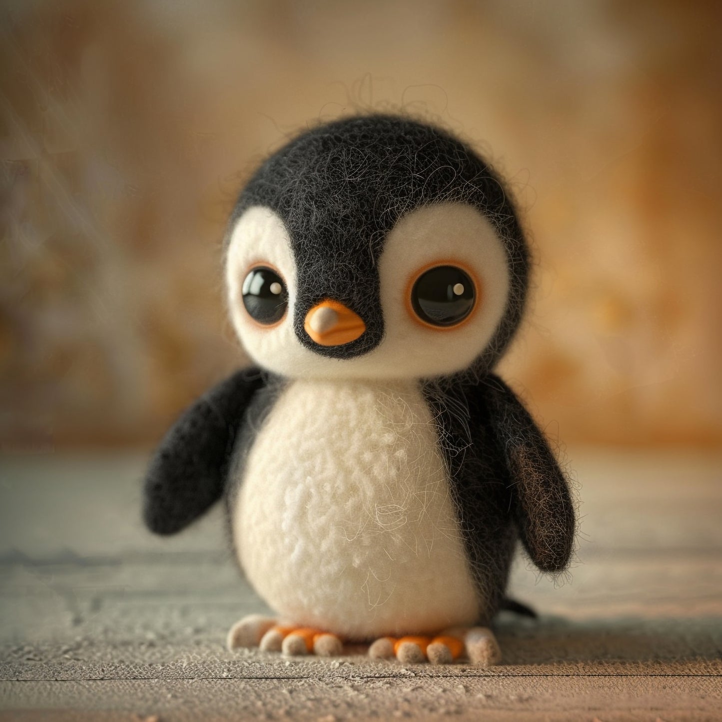 Charming Handmade Baby Penguin Plush Toy on Wooden Surface