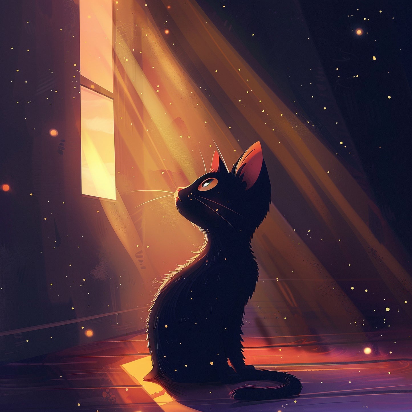 Dreamy Illustrated Black Cat Basking in Golden Light