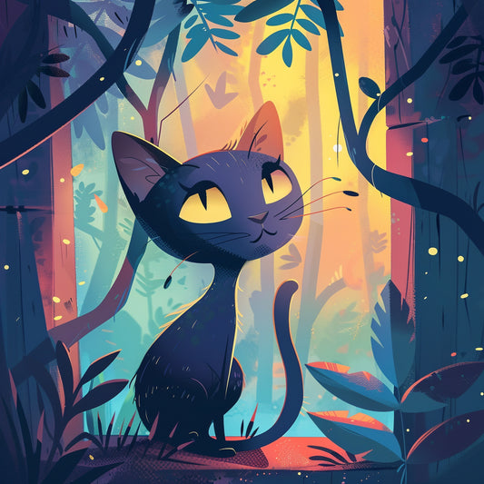 Dreamy Cute Cat Illustration in Whimsical Forest Light