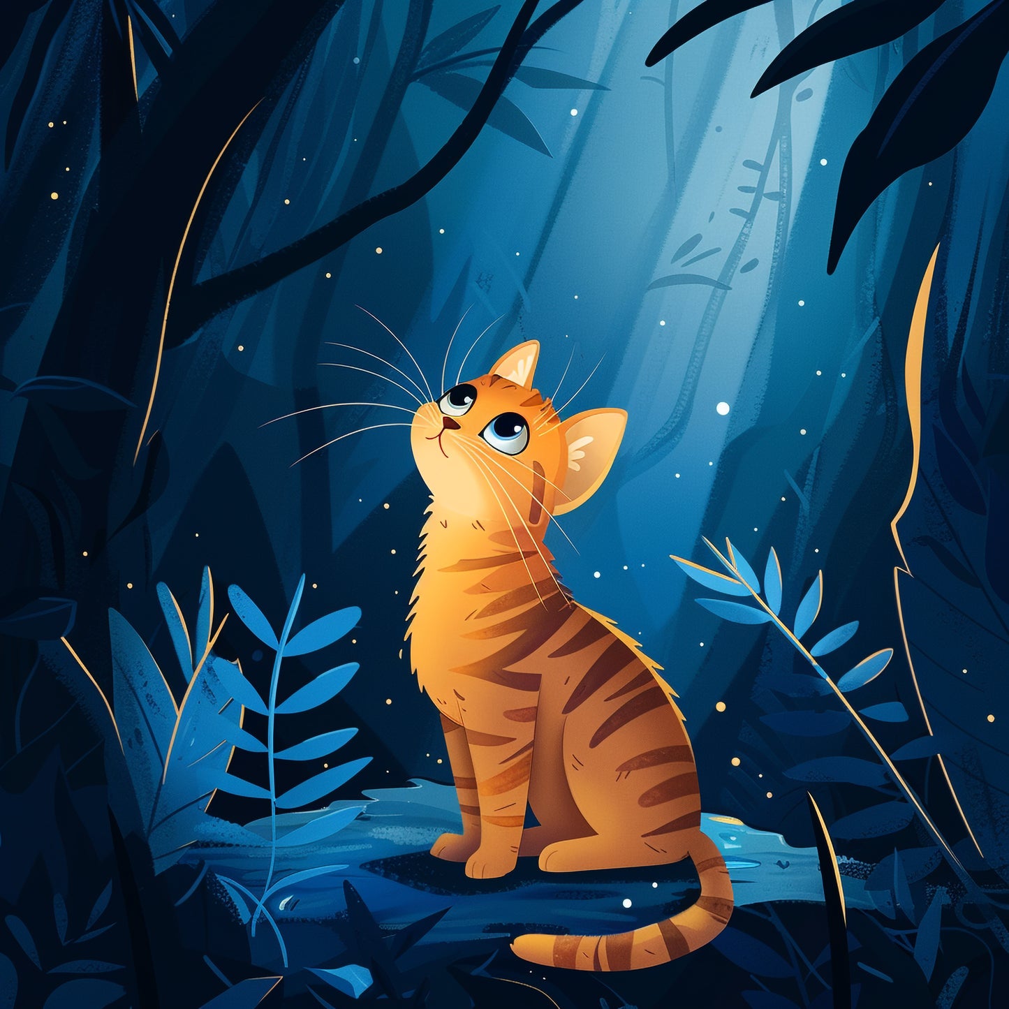 Adorable Cat Illustration in Enchanted Forest with Dreamy Lighting