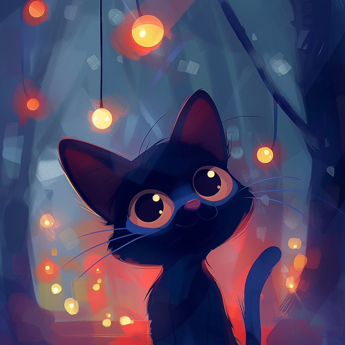 Dreamy Illustrated Black Cat with Enchanting Lights