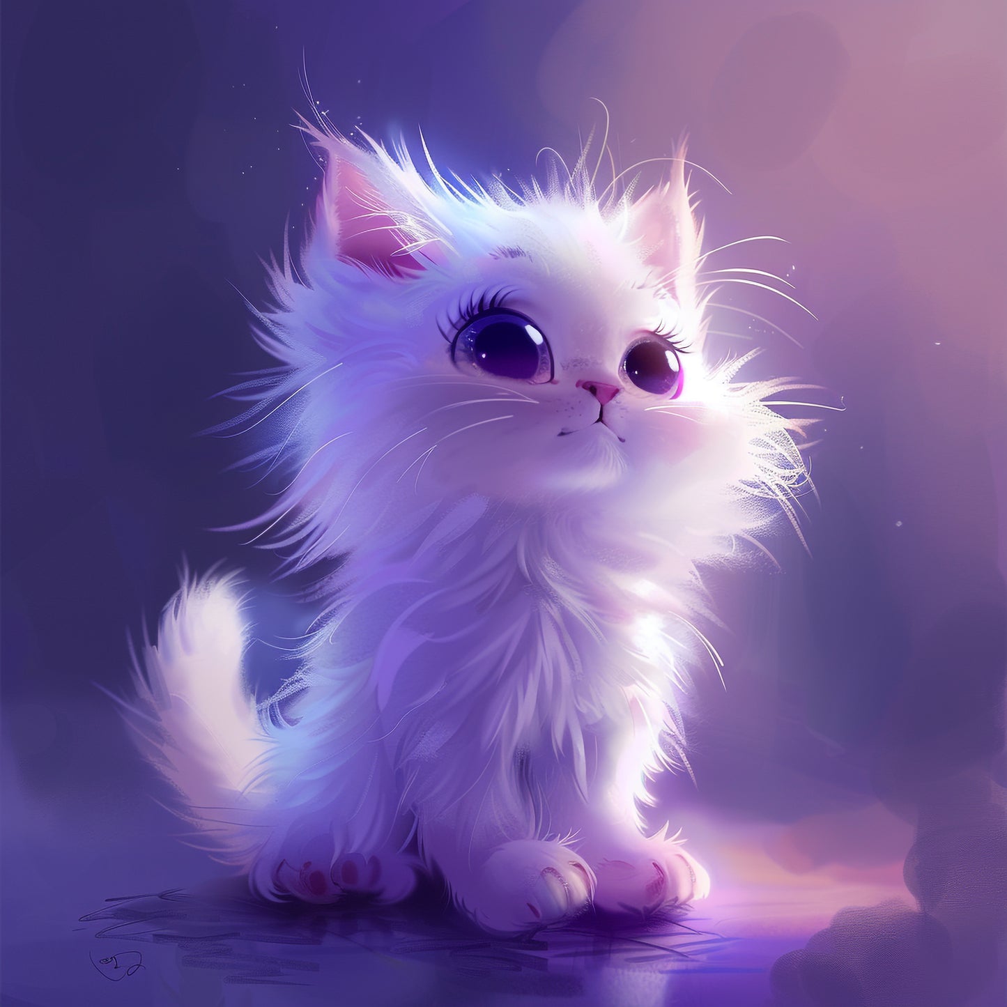 Adorable Fluffy White Kitten Illustration in Dreamy Ambiance