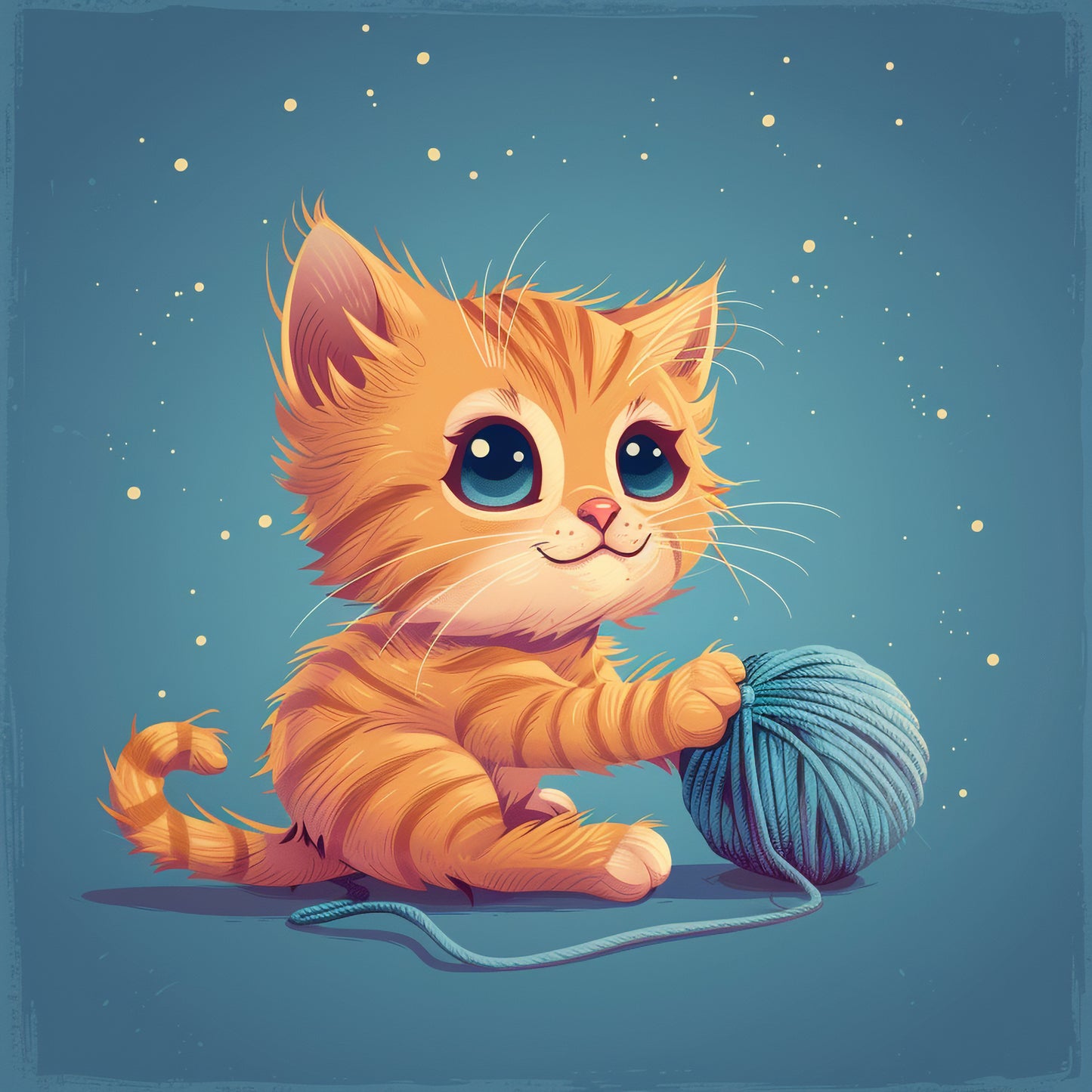 Adorable Orange Kitten Playing with Blue Yarn Ball