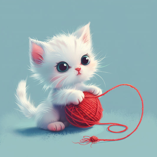 Adorable White Kitten Playing with a Red Ball of Yarn