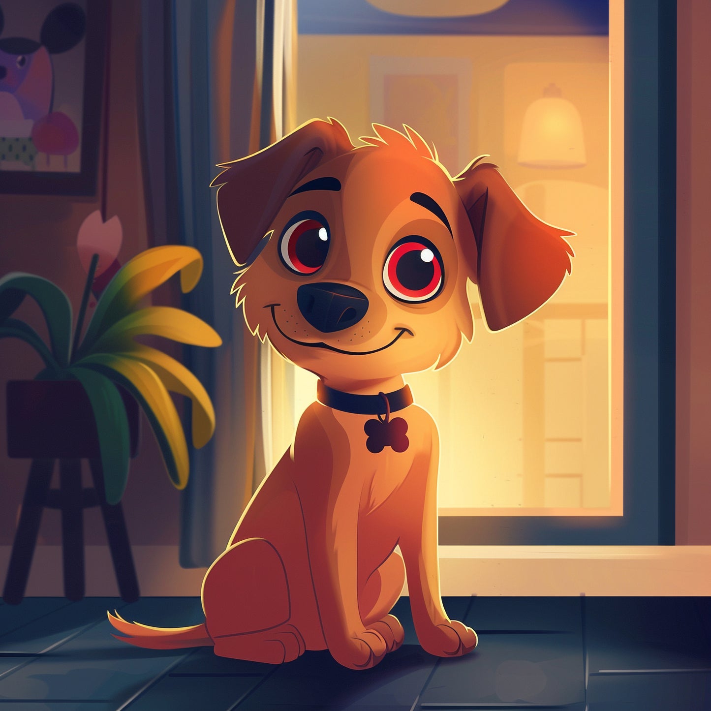 Adorable Cartoon Puppy Illustration in Dreamy Indoor Lighting
