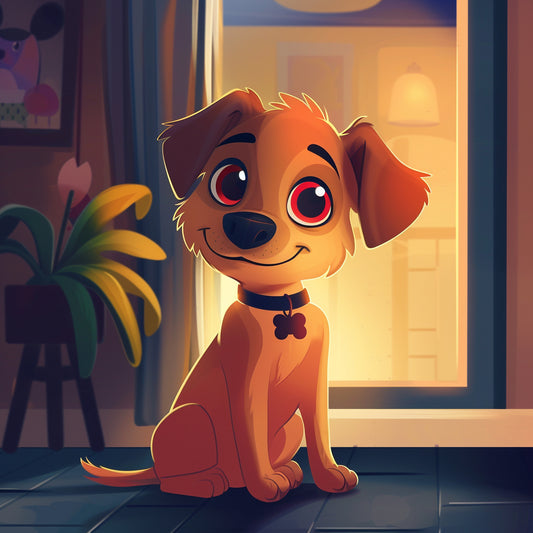 Adorable Cartoon Puppy Illustration in Dreamy Indoor Lighting