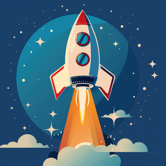 Colorful Cartoon Rocket Launching Into Starry Space Sky