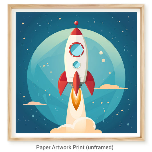 Colorful Retro Cartoon Rocket Blasting Off Into Space