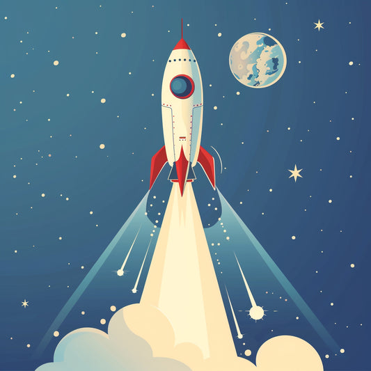 Cute Cartoon Rocket Blasting Off into Starry Space