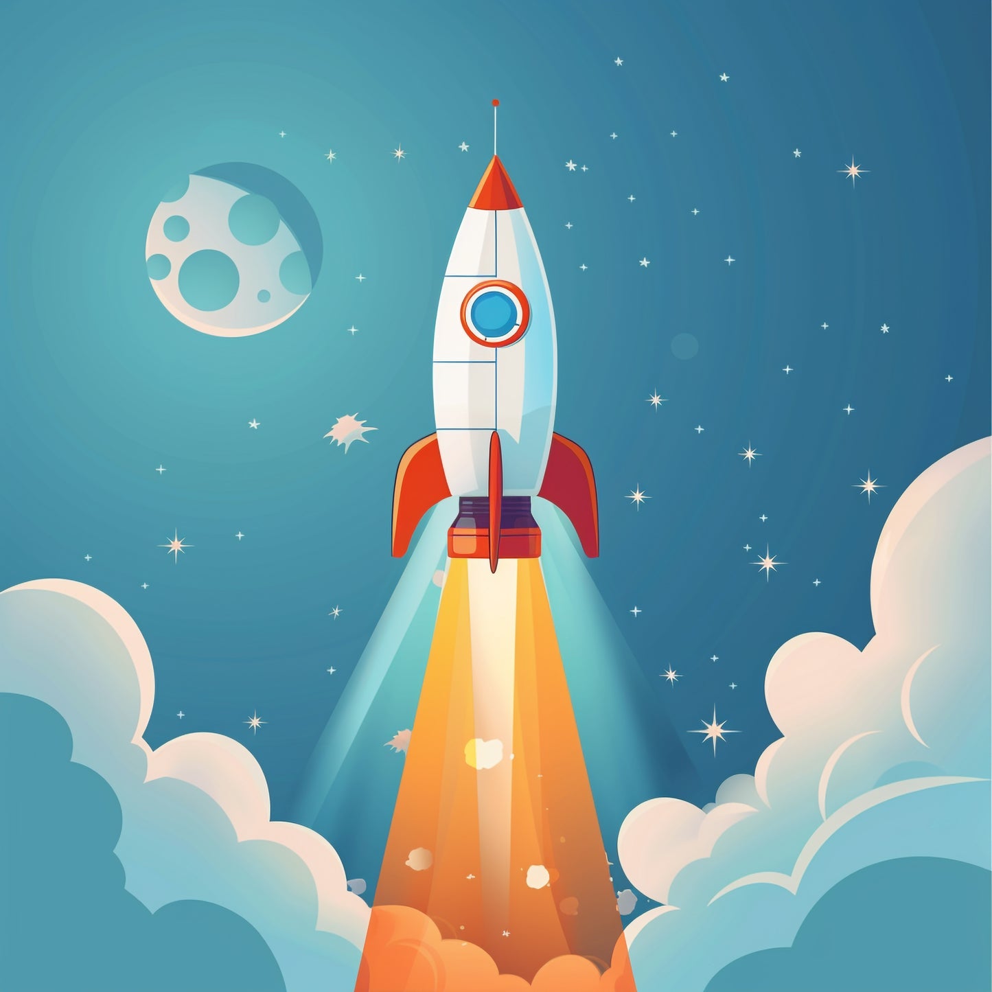 Colorful Cartoon Rocket Launching into Starry Space
