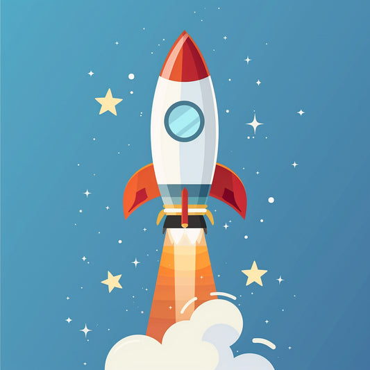 Colorful Cartoon Rocket Blasting Off Into Starry Space