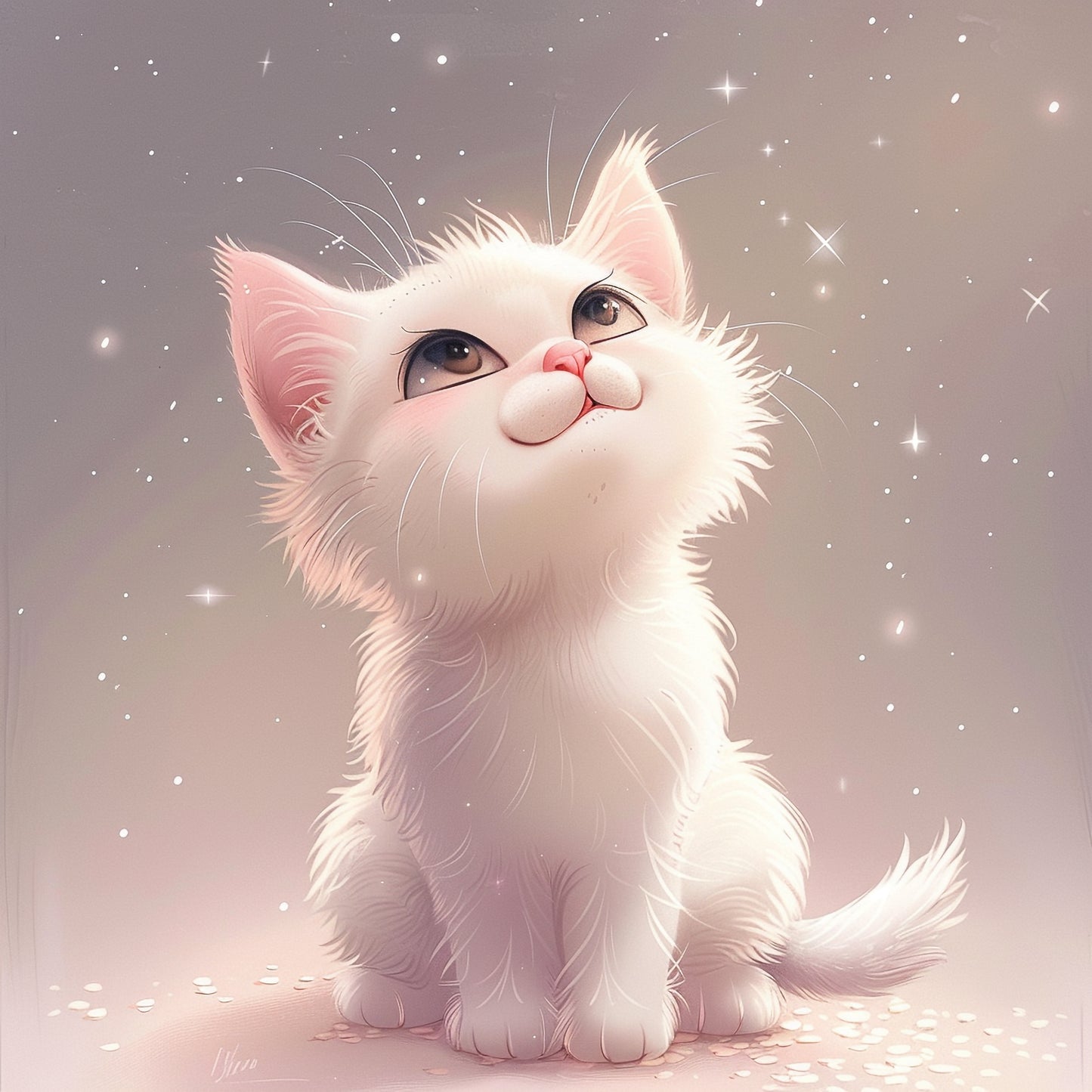 Adorable Fluffy Kitten Illustration with Dreamy Starry Background