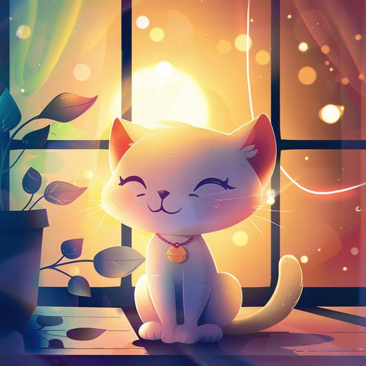 Dreamy Cute Cat Illustration in Magical Sunset Light