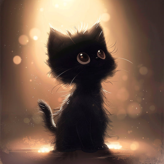 Adorable Fluffy Black Kitten Illustration with Magical Glow