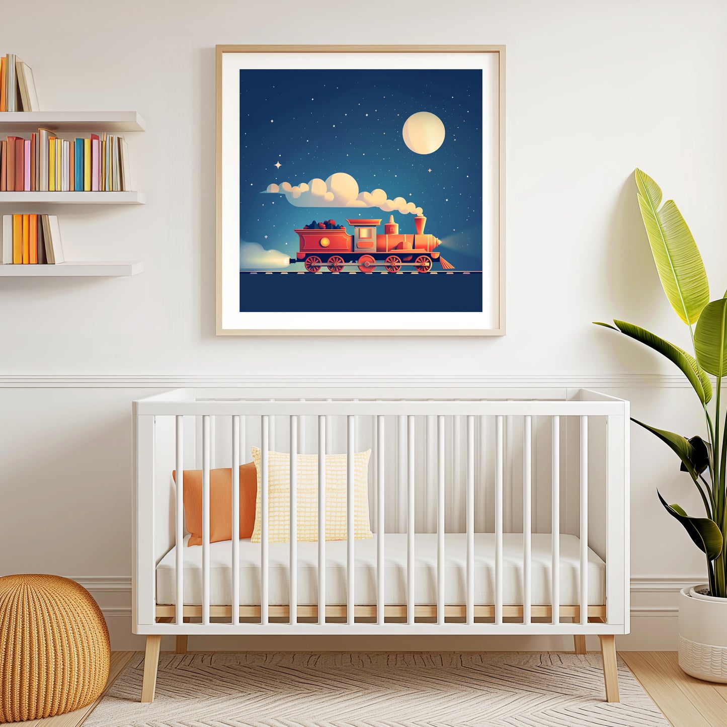 Dreamy Night Illustration with Toy Train Under Starry Sky