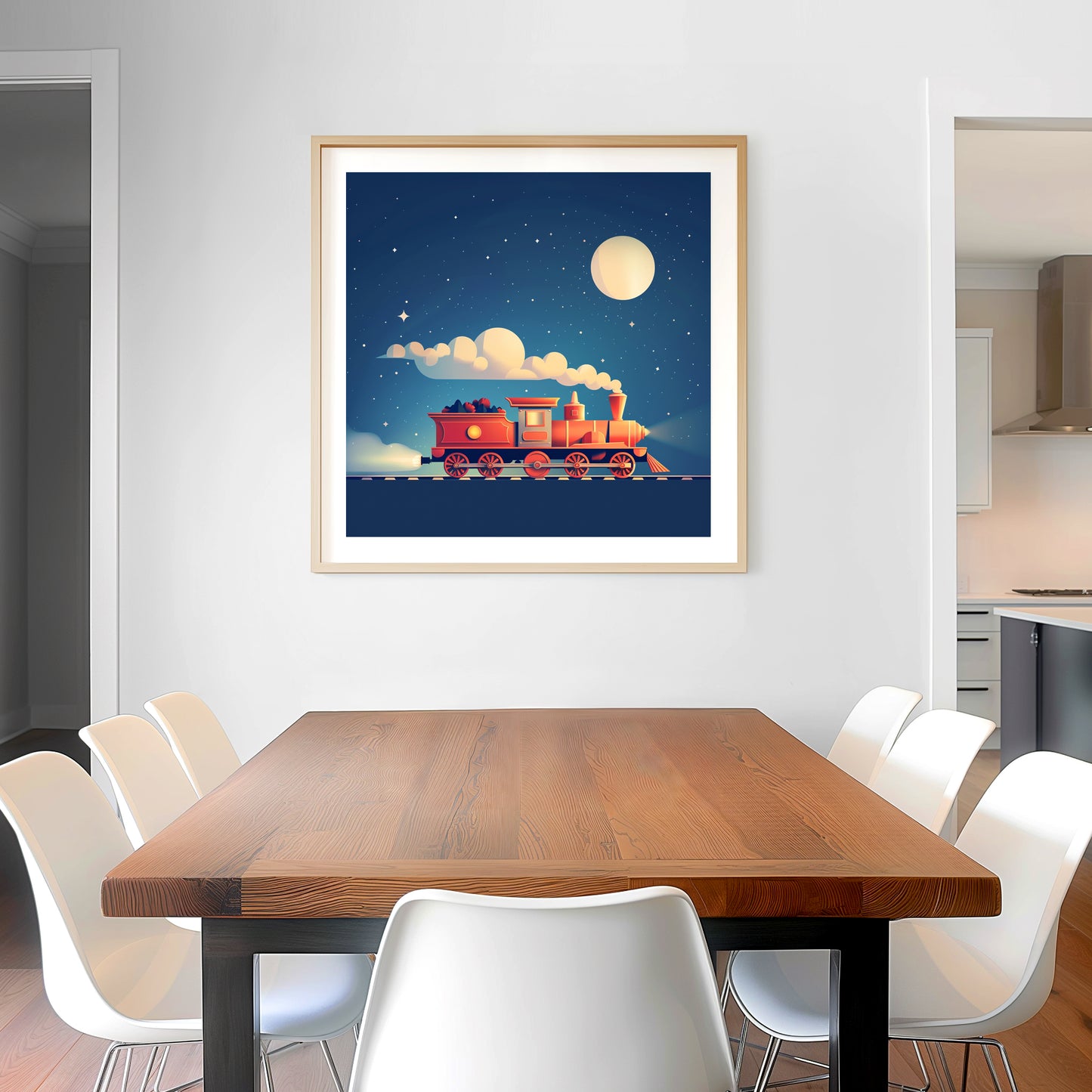 Dreamy Night Illustration with Toy Train Under Starry Sky